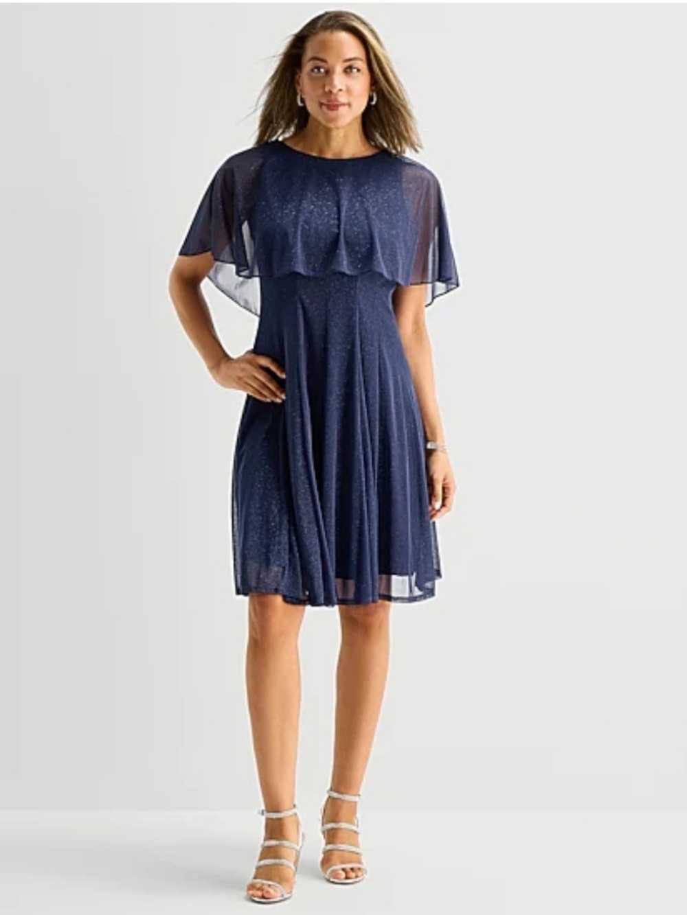 Taylor Navy Sparkle Capelet Midi Dress Size Medium